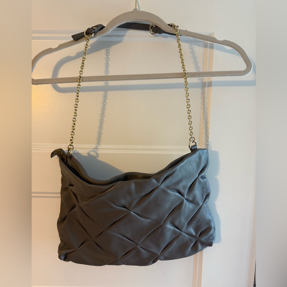 Kate Landry Gray Tufted Shoulder Bag with Gold Chain Shoulder Strap